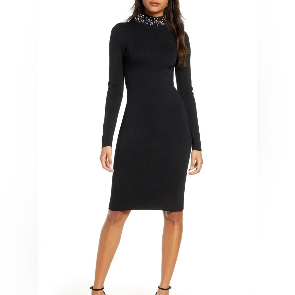 Eliza J Black Long Sleeve Imitation Peark Neckline Bodycon Sweater Dress BNWT